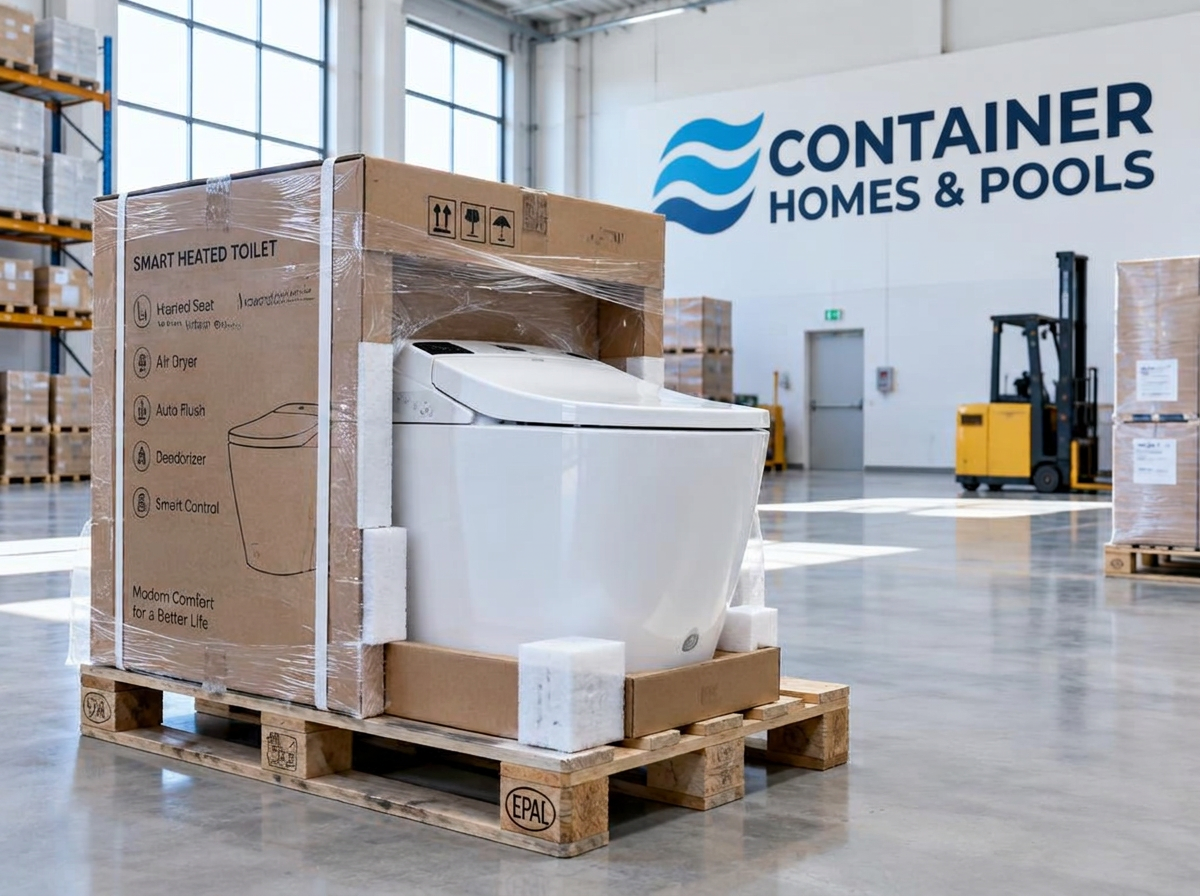 Smart Heated Water Closet packaged in the Container Homes & Pools warehouse