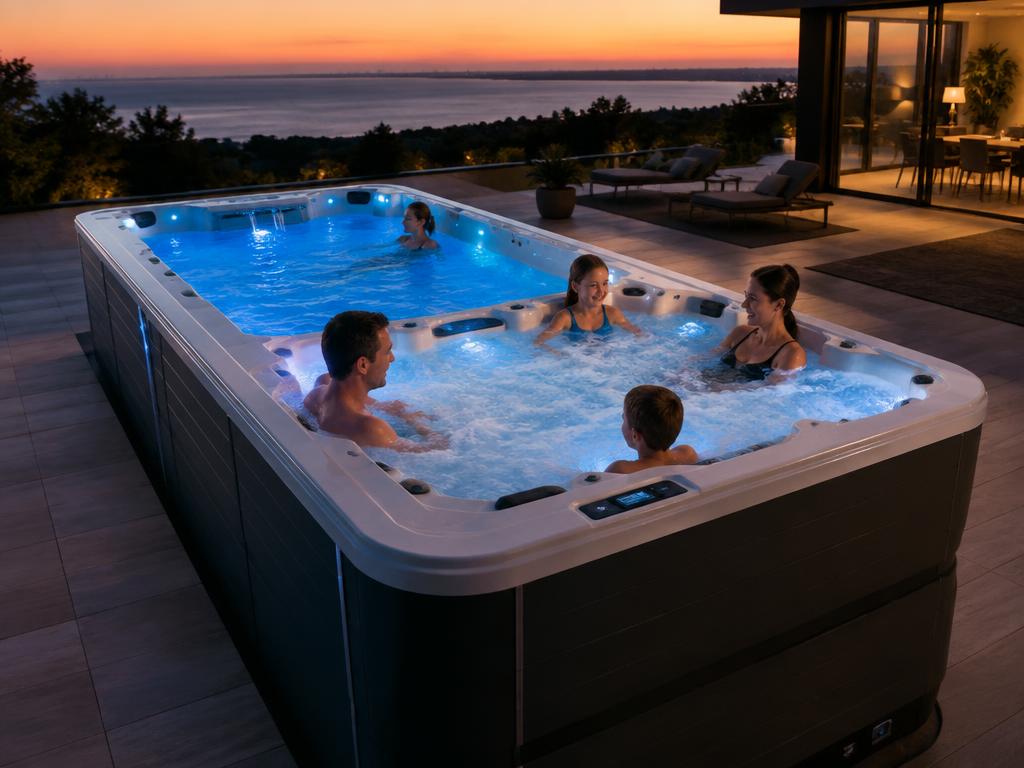 Family Fun Swim Spa 5-Person with glowing jets on a terrace at dusk