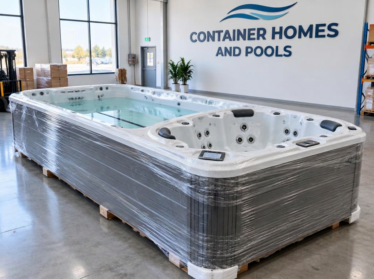 Family Fun Swim Spa wrapped in the Container Homes & Pools warehouse