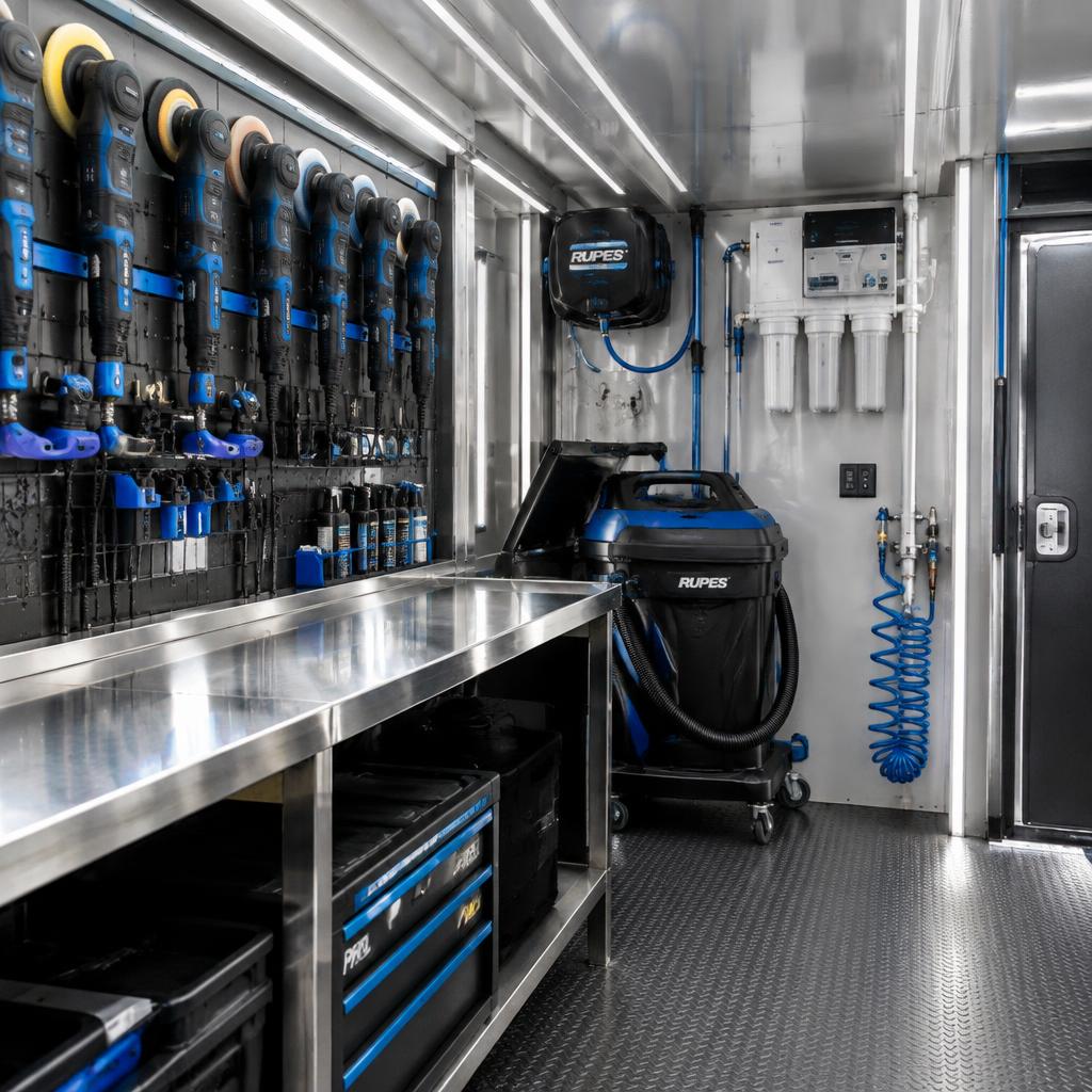 Detailing studio tool wall, workbench, extractor and water filtration equipment