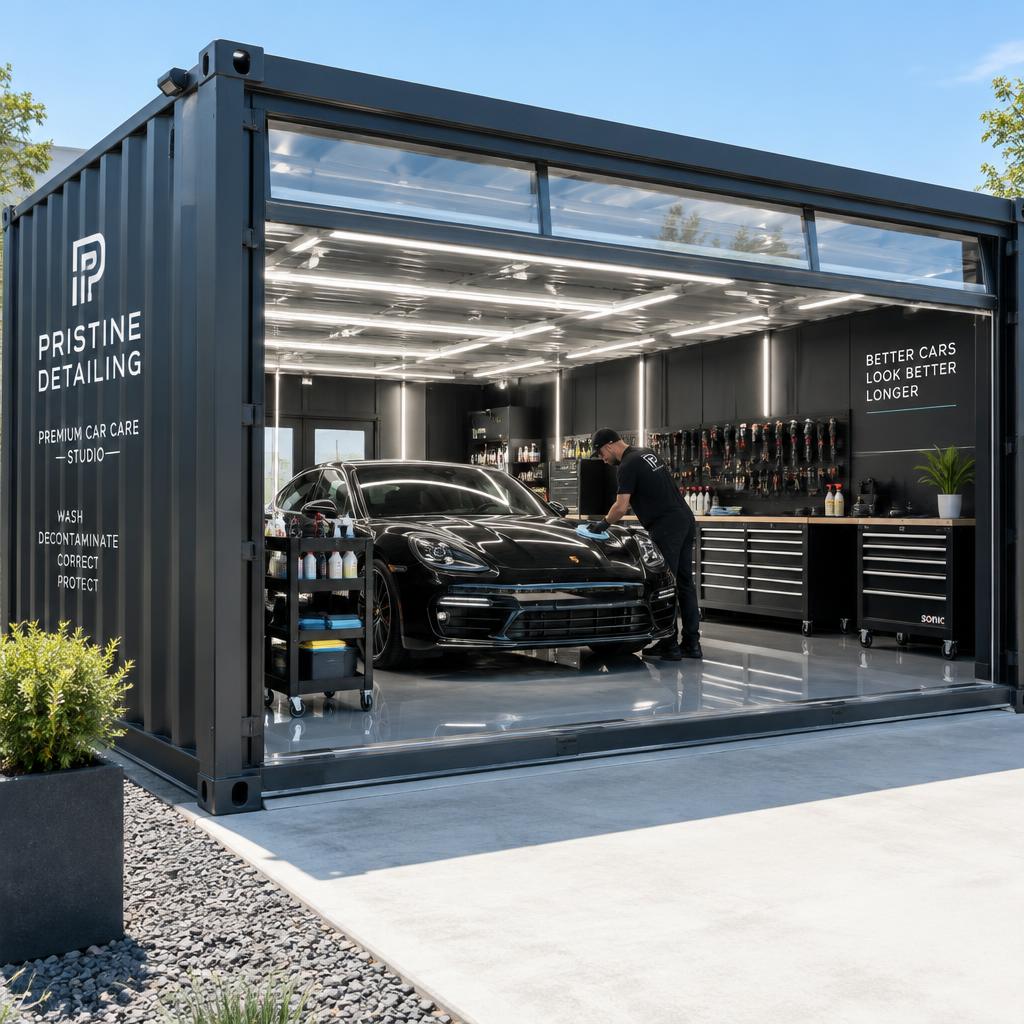 Detailing Studio 20ft container with a luxury car being detailed inside