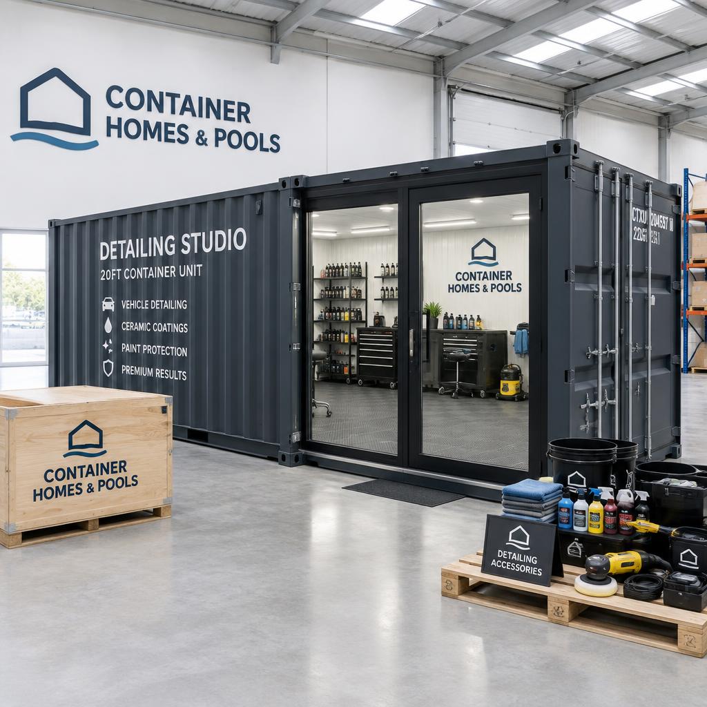 Detailing Studio 20ft in the Container Homes & Pools warehouse with accessories