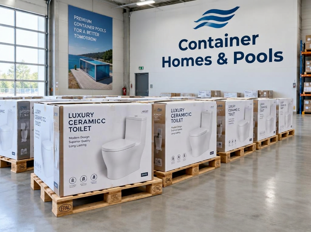 Luxury ceramic toilets boxed in the Container Homes & Pools warehouse