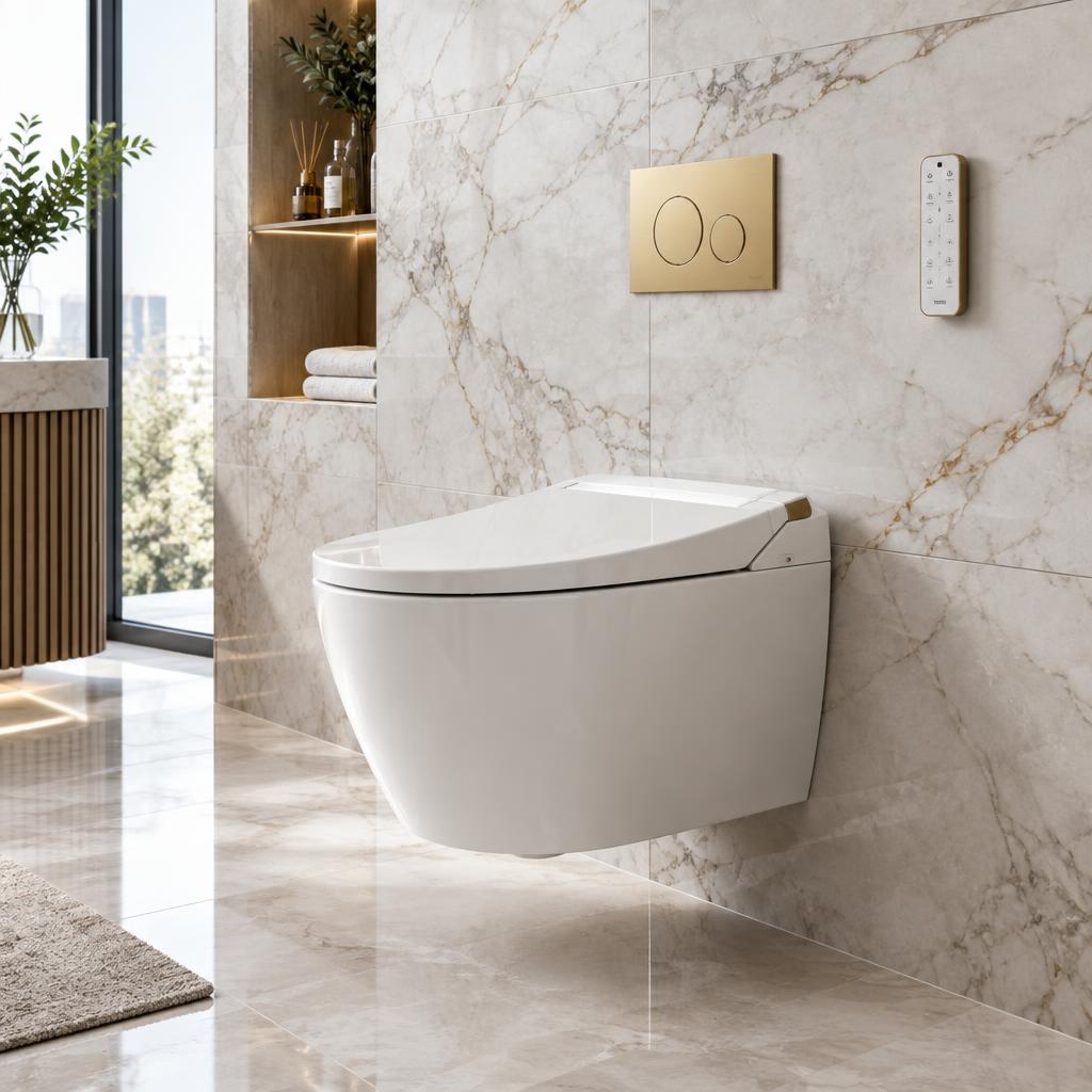 Wall-Hung Smart Toilet with brushed gold flush plate on a marble wall
