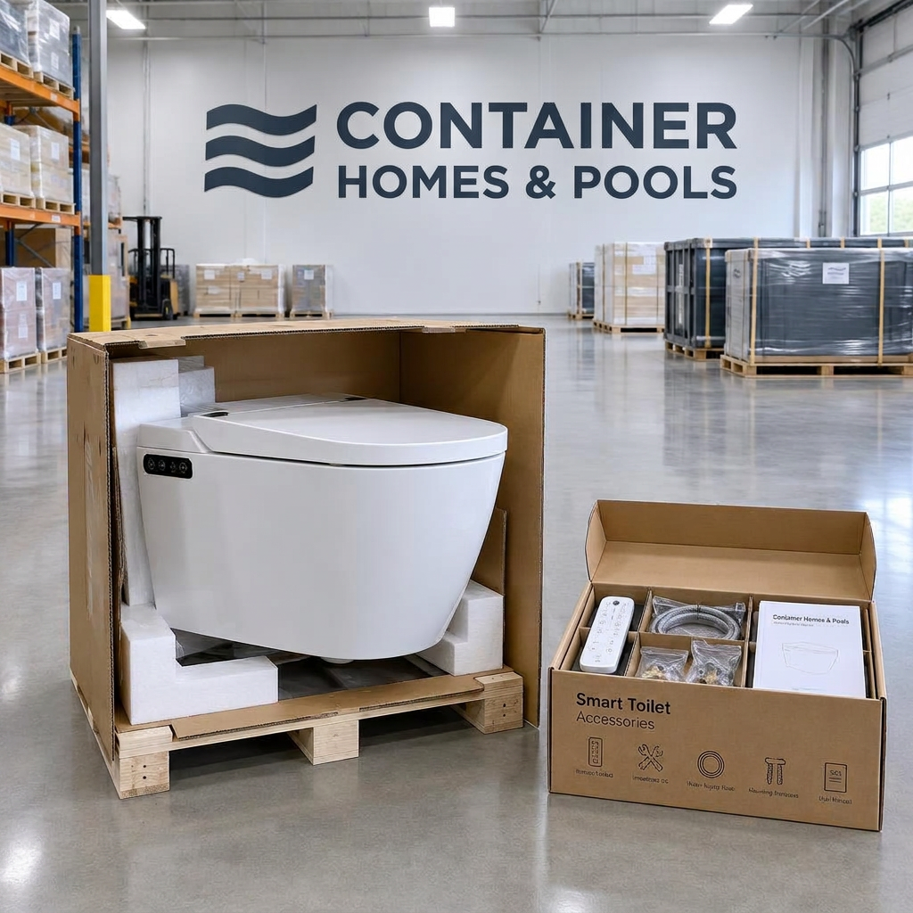 Wall-hung smart toilet in its crate with accessories in the Container Homes & Pools warehouse