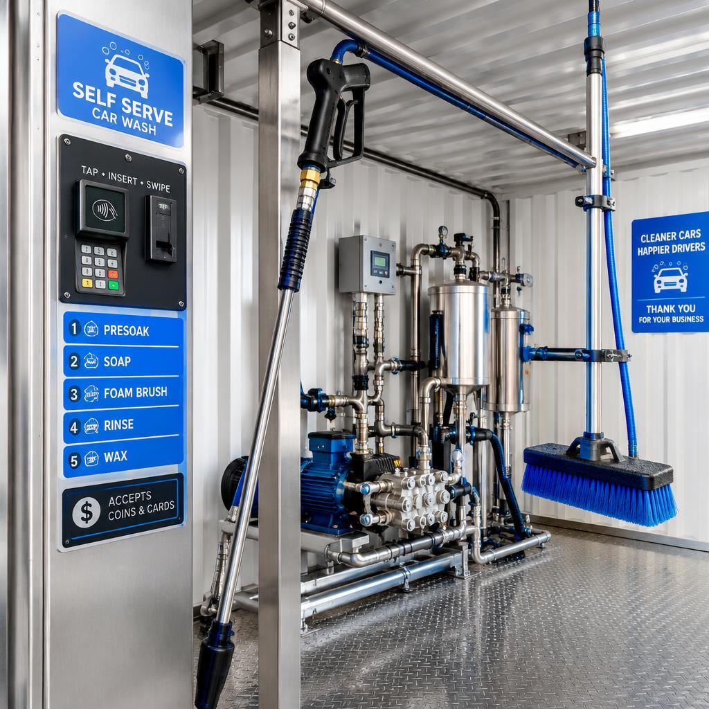 Payment terminal, wash wand, foam brush and pump equipment inside the self-serve bay