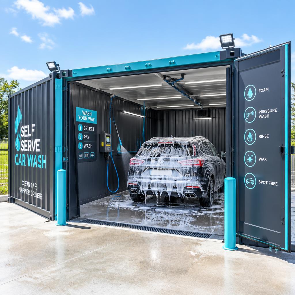 Self-Serve Wash Bay 20ft container car wash washing a car on a sunny day