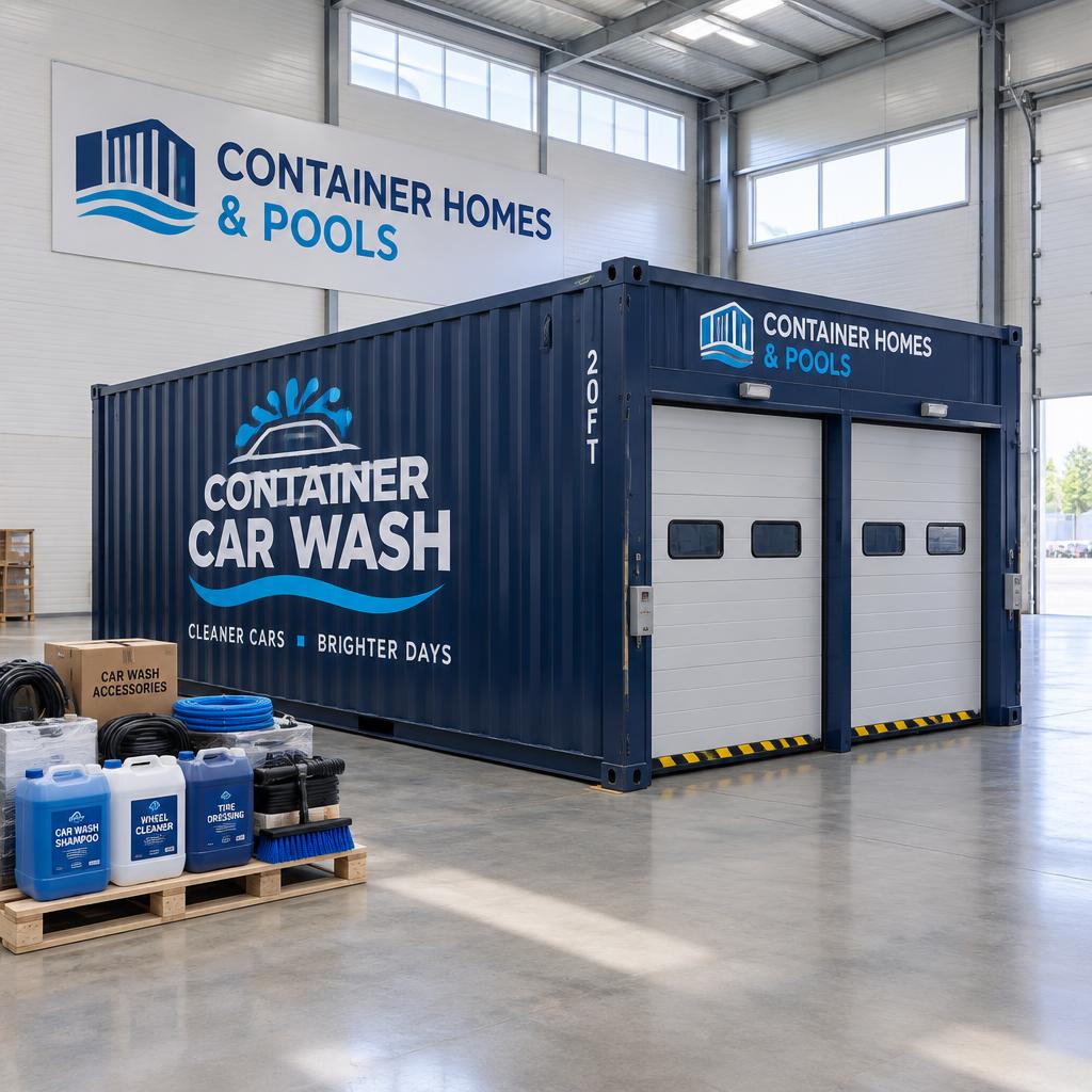 Self-Serve Wash Bay 20ft prepared for delivery in the Container Homes & Pools warehouse