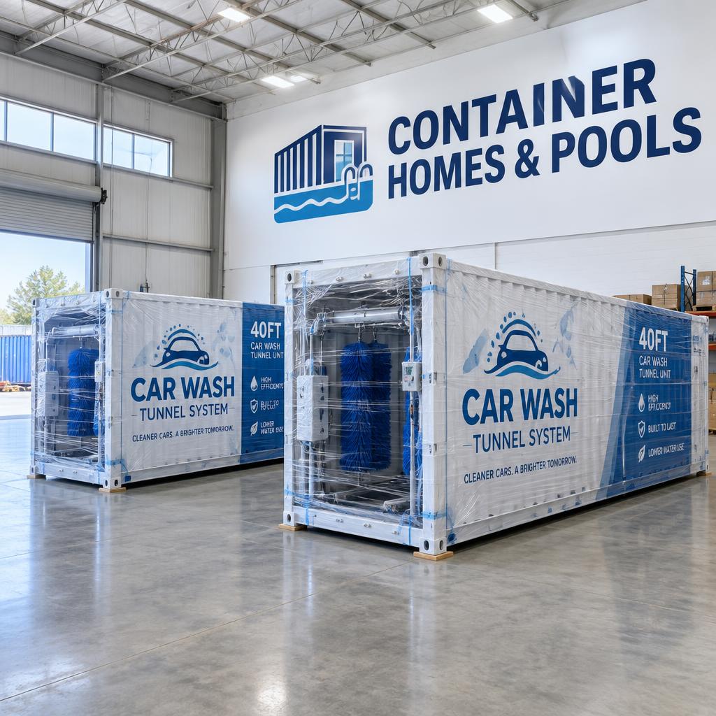 Express Touchless Tunnel 40ft units wrapped in the Container Homes & Pools warehouse