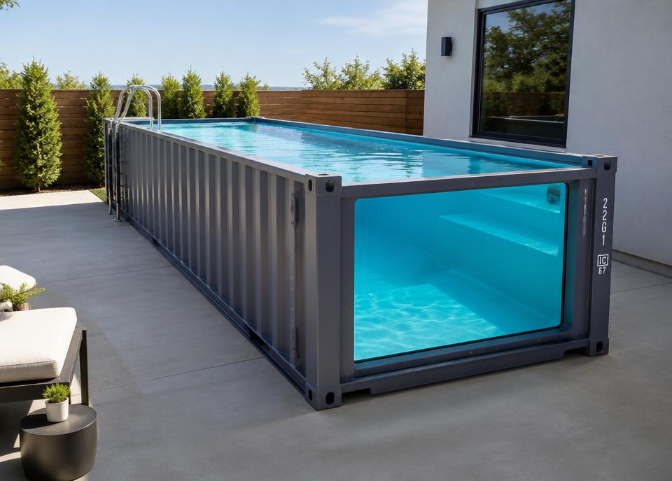 Compact 20ft shipping container plunge pool with acrylic end window on a minimal concrete patio