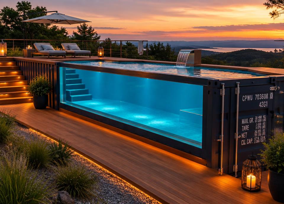 40ft shipping container spa pool with acrylic side window and wood deck surround at dusk