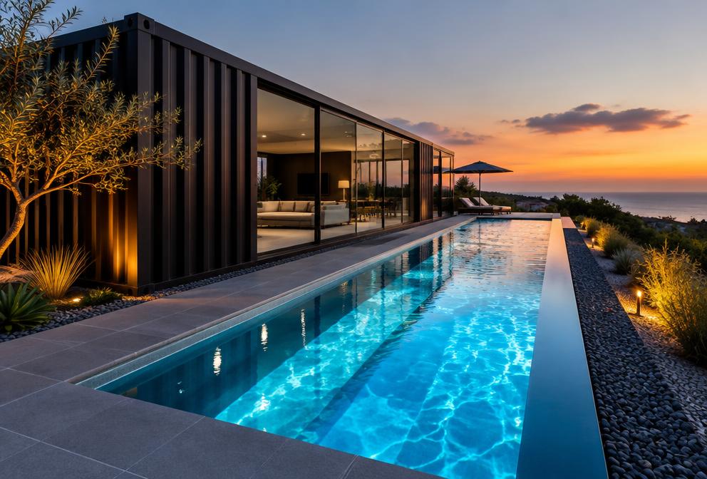 The Lap 40ft container pool alongside a modern estate at dusk