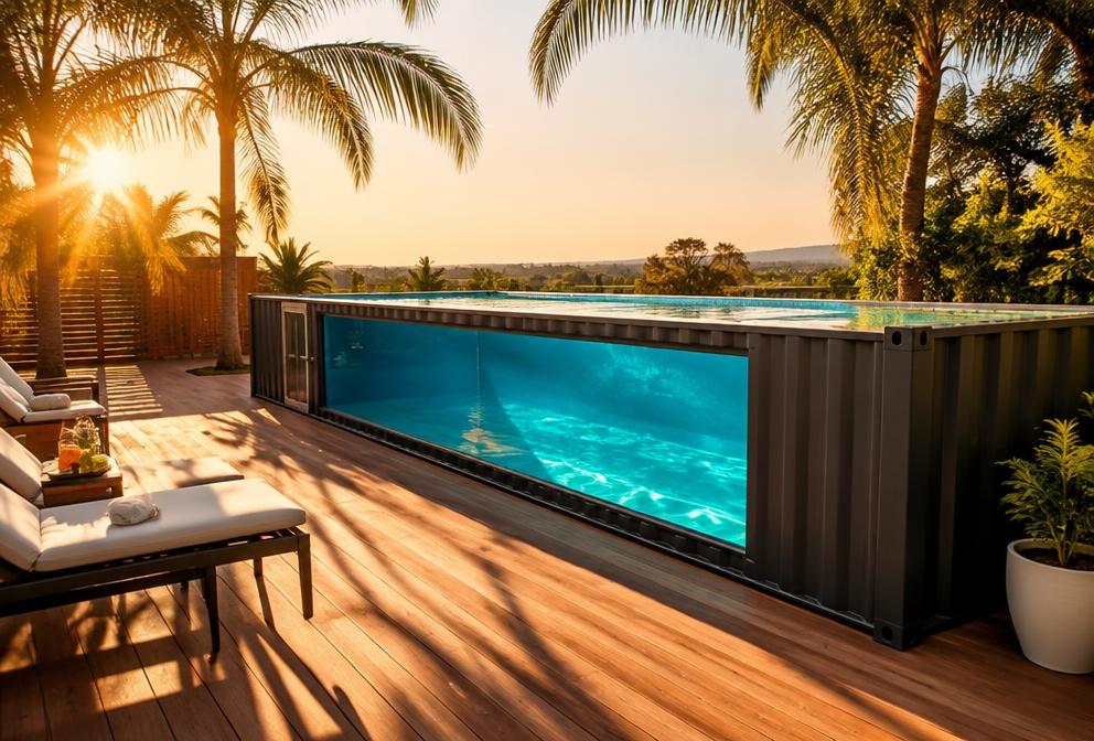 The Plunge 20ft container pool on a luxury teak deck with acrylic viewing window