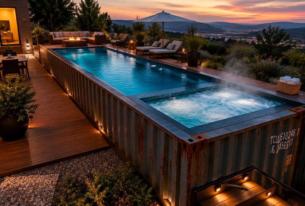 The Spa 40ft container pool with steaming heated spa zone at twilight